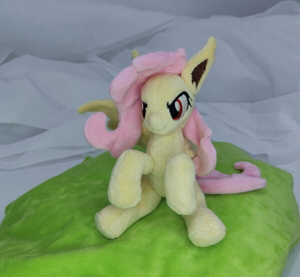 7" long sitting Flutterbat plushie with mane and tail of Minky fabric and BIG apple and carrot