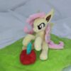 7" long sitting Flutterbat plushie with mane and tail of Minky fabric and BIG apple and carrot