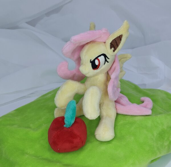 7" long sitting Flutterbat plushie with mane and tail of Minky fabric and BIG apple and carrot