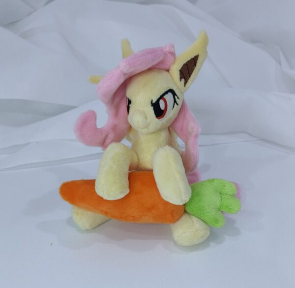 7" long sitting Flutterbat plushie with mane and tail of Minky fabric and BIG apple and carrot