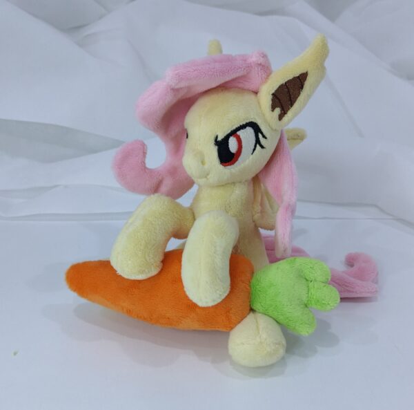 7" long sitting Flutterbat plushie with mane and tail of Minky fabric and BIG apple and carrot