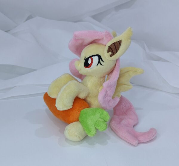 7" long sitting Flutterbat plushie with mane and tail of Minky fabric and BIG apple and carrot