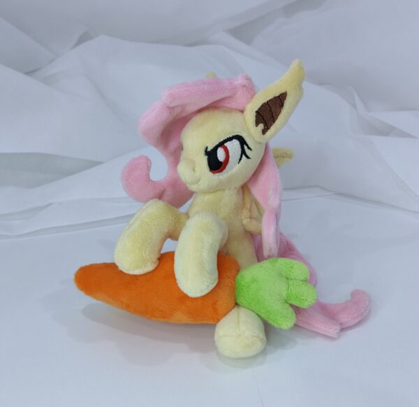 7" long sitting Flutterbat plushie with mane and tail of Minky fabric and BIG apple and carrot