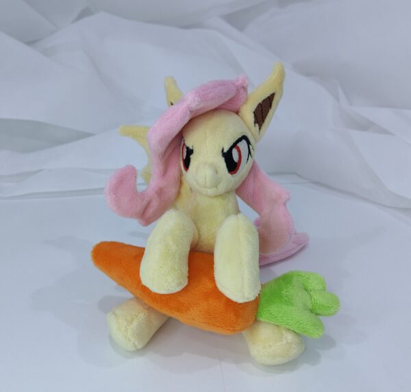7" long sitting Flutterbat plushie with mane and tail of Minky fabric and BIG apple and carrot
