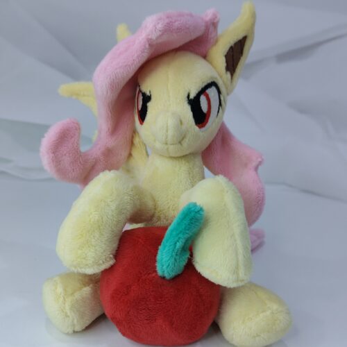7" long sitting Flutterbat plushie with mane and tail of Minky fabric and BIG apple and carrot