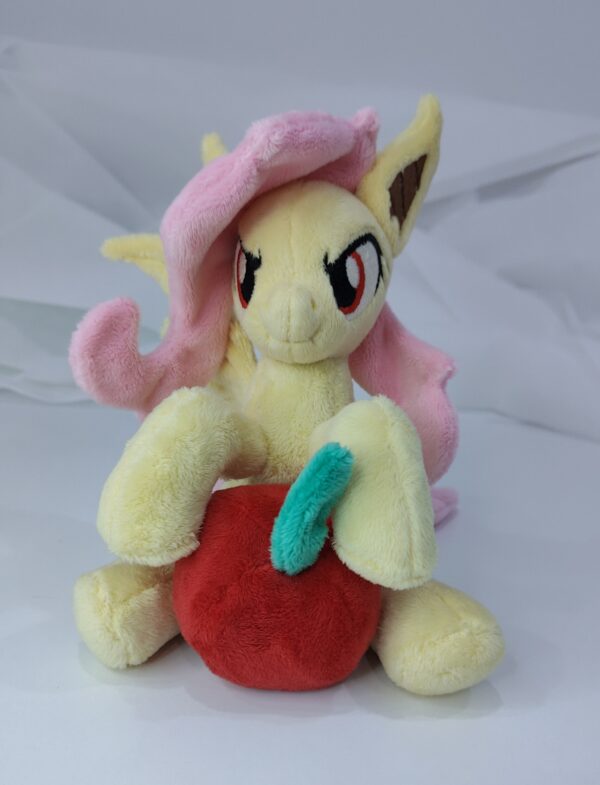 7" long sitting Flutterbat plushie with mane and tail of Minky fabric and BIG apple and carrot