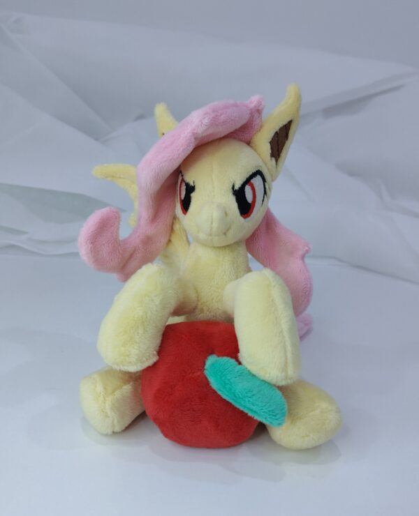 7" long sitting Flutterbat plushie with mane and tail of Minky fabric and BIG apple and carrot