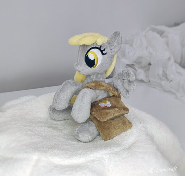 006 7" long sitting Derpy plushie with mane and tail of Minky fabric and a postman's bag